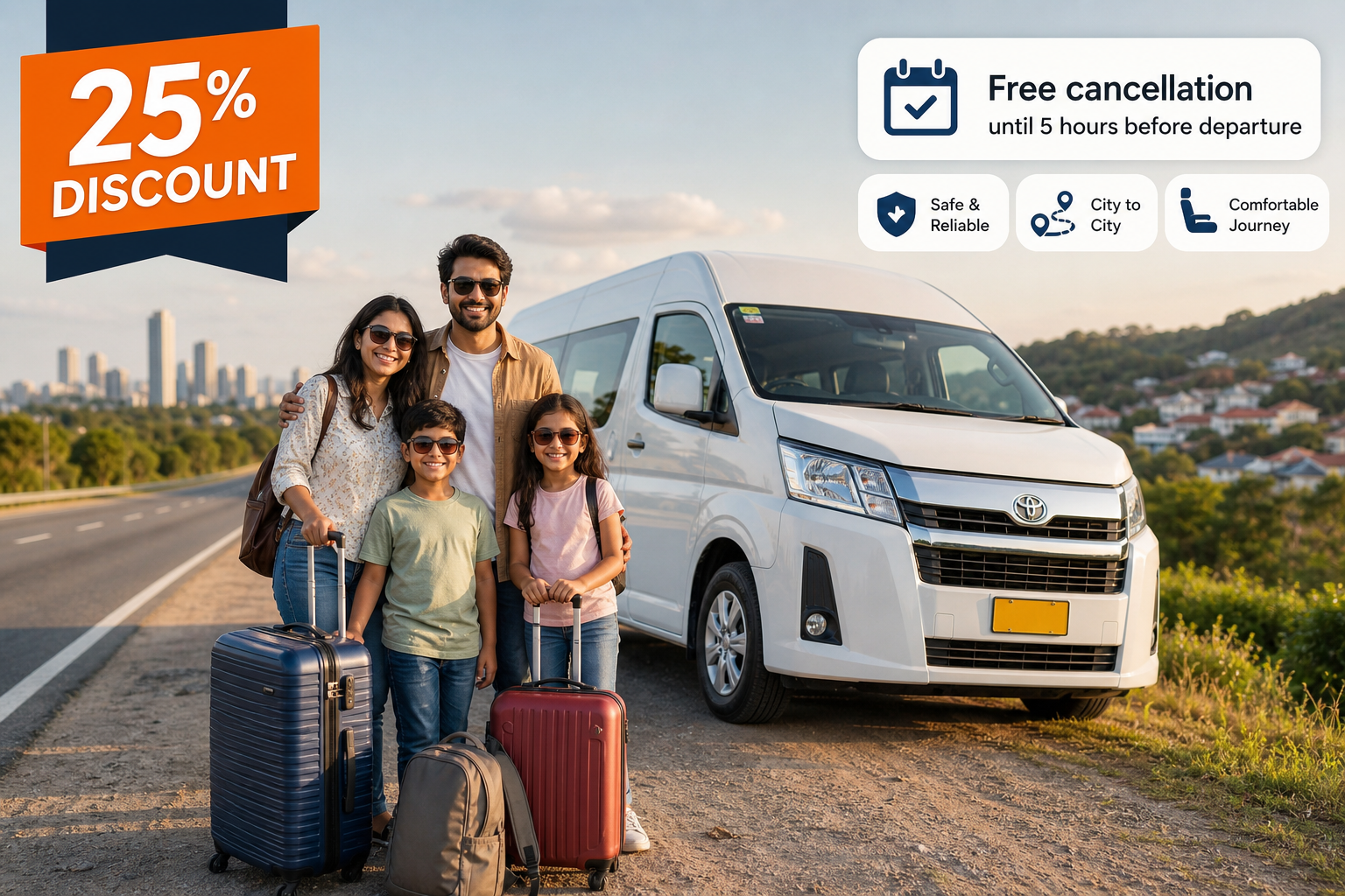 25% discount on city-to-city travel with free cancellation until 5 hours before departure — a family with luggage standing beside a white passenger van on an intercity highway.