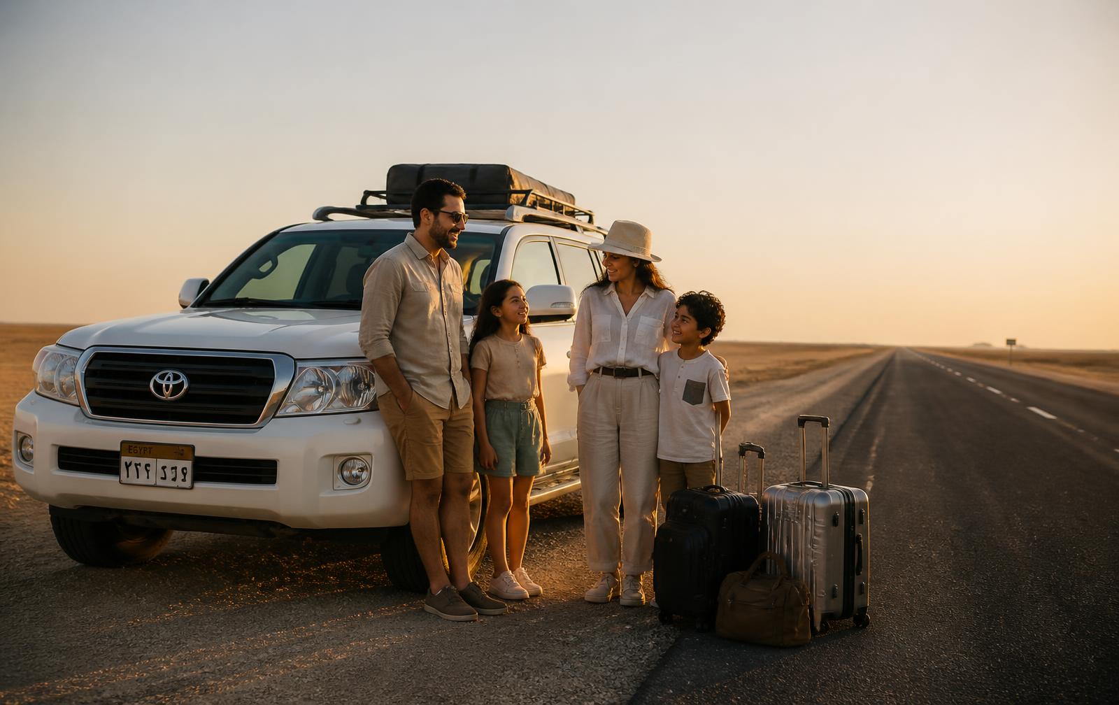 Family with luggage standing beside a parked white Toyota SUV on a long Egyptian highway