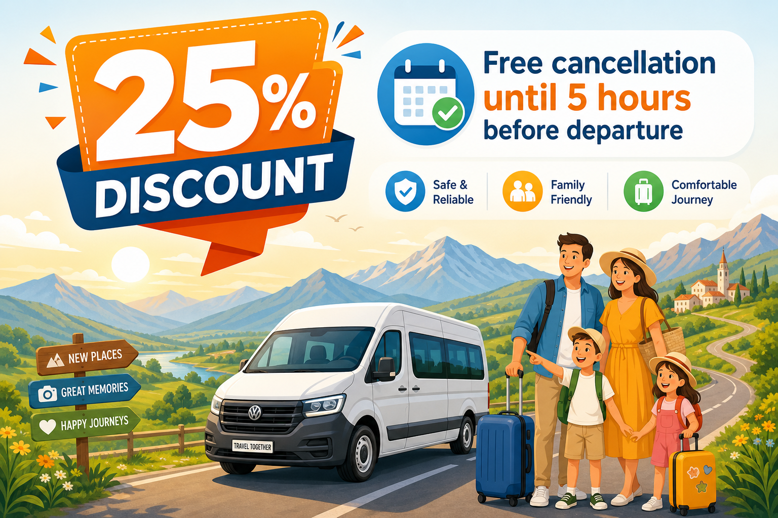 25% discount and free cancellation until 5 hours before departure. Family with luggage beside a van on a scenic mountain road.